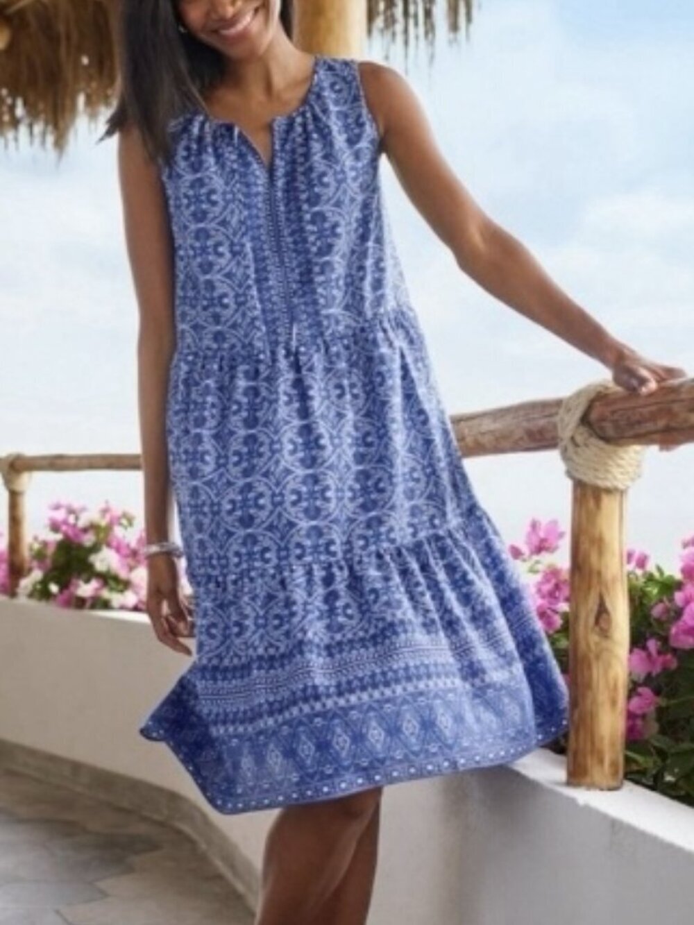 Talbots Blue Oval Medallion Voile Sleeveless Swing Dress SP